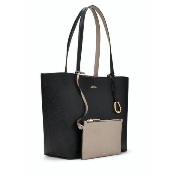 Lauren Ralph Lauren Handbags - Lauren Ralph Lauren Black Reversible Faux Leather Tote Bag with Tan Wristlet